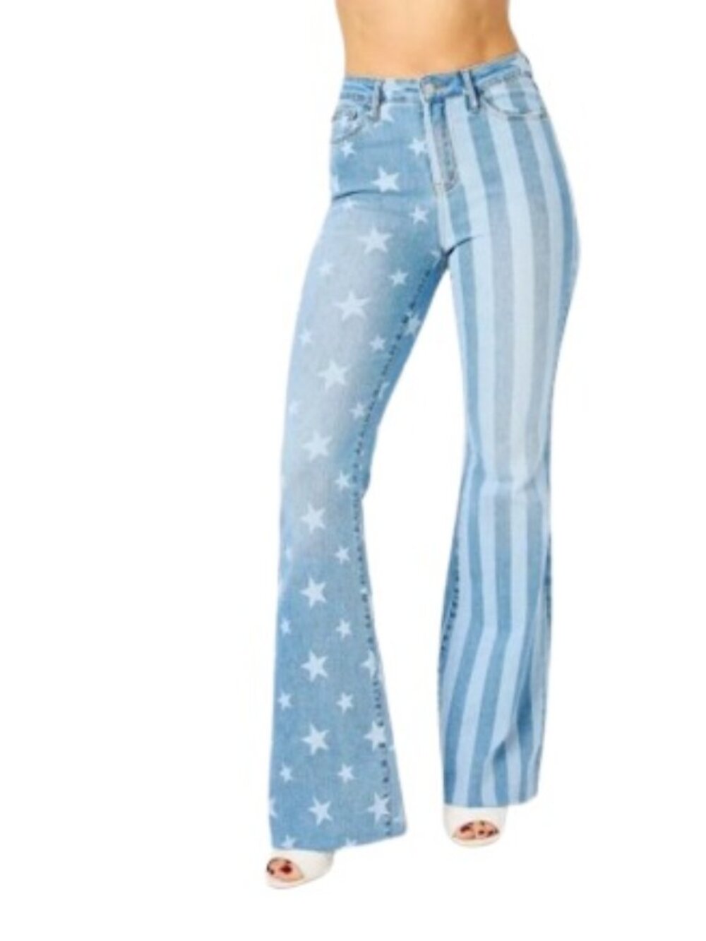 Judy Blue Womens Stars & Stripes High Rise Flare Jeans Light Wash Raw Hem 26